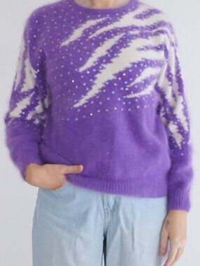 Vintage Malina Wong Purple Zebra Rhinestone Fuzzy 50% Rabbit Hair Sweater M